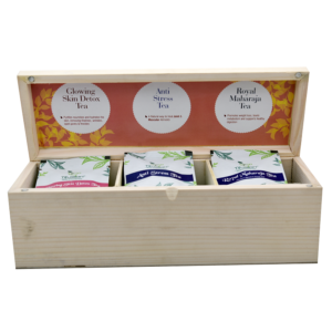 Beauty Box 18 Tb - Solid Pinewood 3 Compartment Box With 18 Single Chamber / Pyramid Tea Bags