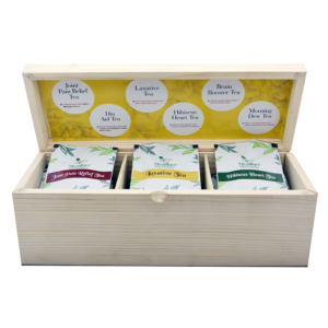 Health Box 18 Tb - Solid Pinewood 3 Compartment Box With 18 Single Chamber / Pyramid Tea Bags