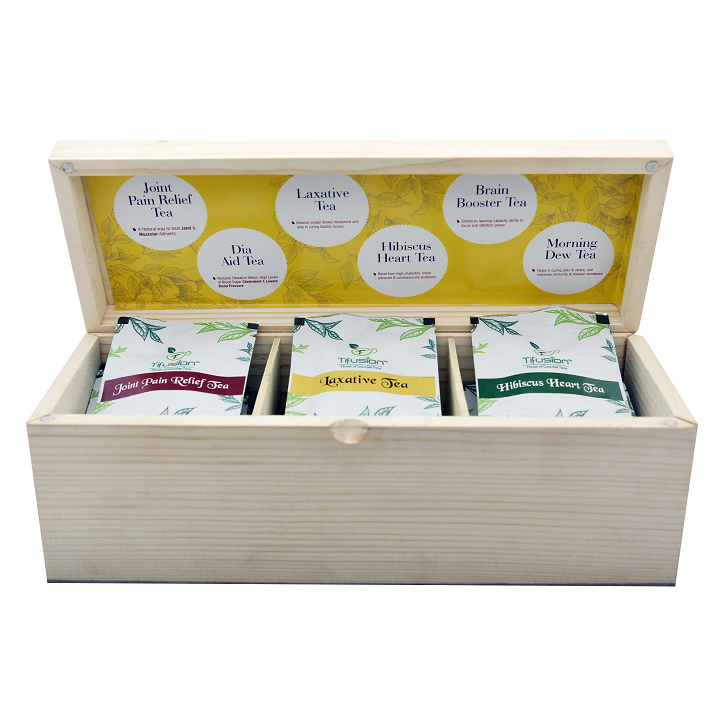 Health Box 18 Tb - Solid Pinewood 3 Compartment Box With 18 Single Chamber / Pyramid Tea Bags - Image 1
