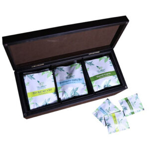 “Royal Touche” 18 Tb - Luxurious Matte Finished Solid Wood Elegant Chocolate Brown 3 Compartment Box With 18 Pyramid Shaped Tea Bags