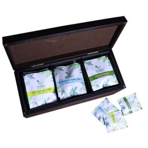 "Royal Touche” 30 Tea Bag - Luxurious Matte Finished Solid Wood Elegant Chocolate Brown 3 Compartment Box With 30 Pyramid Shaped Tea Bags
