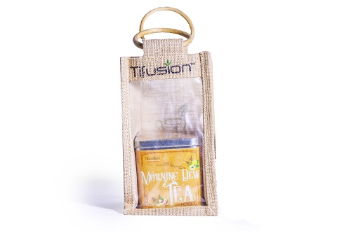 Eco Friendly Jute Bag With 1 Pcs 100gms Square Tin Caddy - Image 1