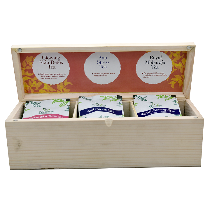 Beauty Box 18 Tb - Solid Pinewood 3 Compartment Box With 18 Single Chamber / Pyramid Tea Bags - Image 1