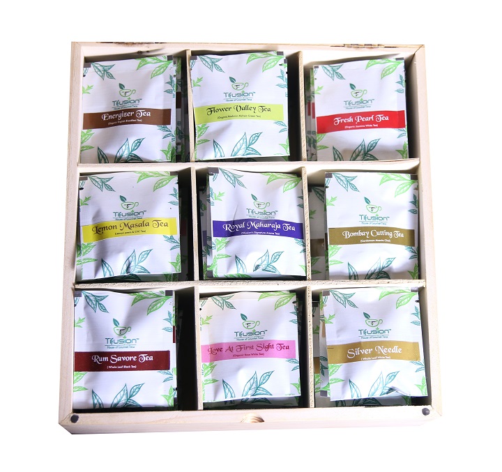 "Chaste" 90 Tb - Solid Pinewood 9 Compartment Box With 90 Single Chamber / Pyramid Tea Bags - Image 1