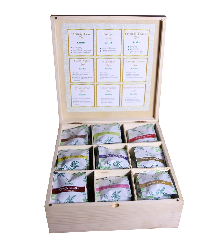 "Chaste" 90 Tb - Solid Pinewood 9 Compartment Box With 90 Single Chamber / Pyramid Tea Bags - Image 2