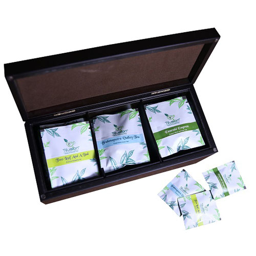 "Royal Touche” 30 Tea Bag - Luxurious Matte Finished Solid Wood Elegant Chocolate Brown 3 Compartment Box With 30 Pyramid Shaped Tea Bags - Image 1