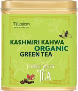 Tifusion Kashmiri Kahwa Organic Green Tea With Almond, Cardamom, Clove, Ginger, Cinnamon, Rose & Saffron for Digestion Acne and Dry Skin