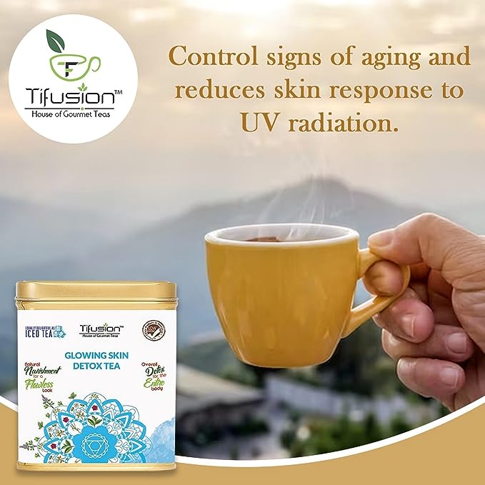 Tifusion Glowing Skin Detox Tea for Healthy Hair & Glowing Skin With Green Tea| Steep as Hot Skin Detox Tea or Iced Antioxidant Acne Herbal Cooler |For Antiageing Blemish Control Wrinkles Pimples - Image 3