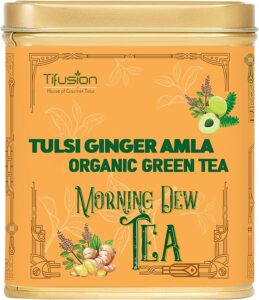 Tifusion Tulsi Ginger Amla Organic Green Tea For Cough Cold Sore Throat Digestion Darjeeling Herbal Organic Whole Leaf Chai Immunity Booster Tea