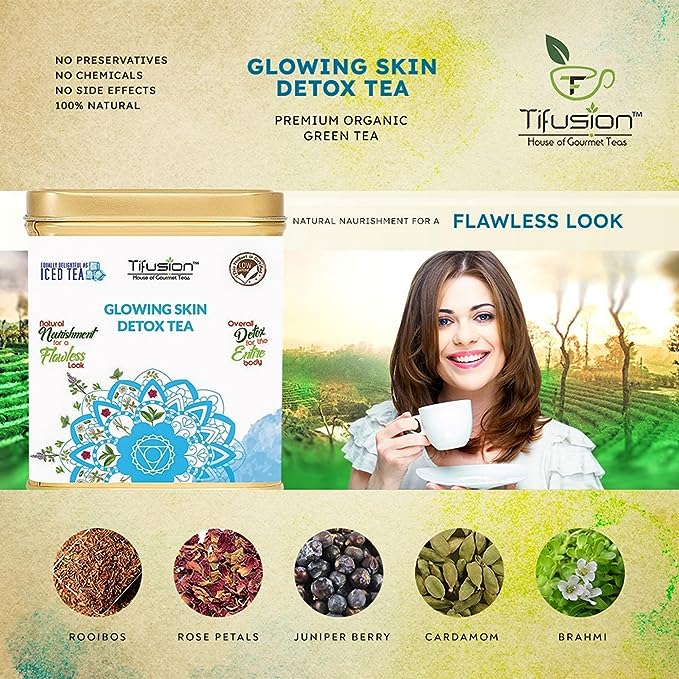 Tifusion Glowing Skin Detox Tea for Healthy Hair & Glowing Skin With Green Tea| Steep as Hot Skin Detox Tea or Iced Antioxidant Acne Herbal Cooler |For Antiageing Blemish Control Wrinkles Pimples - Image 9