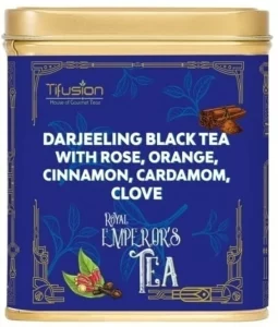 Tifusion Pure and Natural Darjeeling Black Tea with Rose Orange Cinnamon Cardamom & Clove for Digestion Glowing Skin Single Estate Whole Leaf Tea