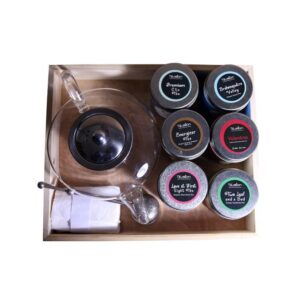Solid Pinewood Tray With Big Teapot With 6 Tea Caddies, 1 Filter Paper Set, Strainer